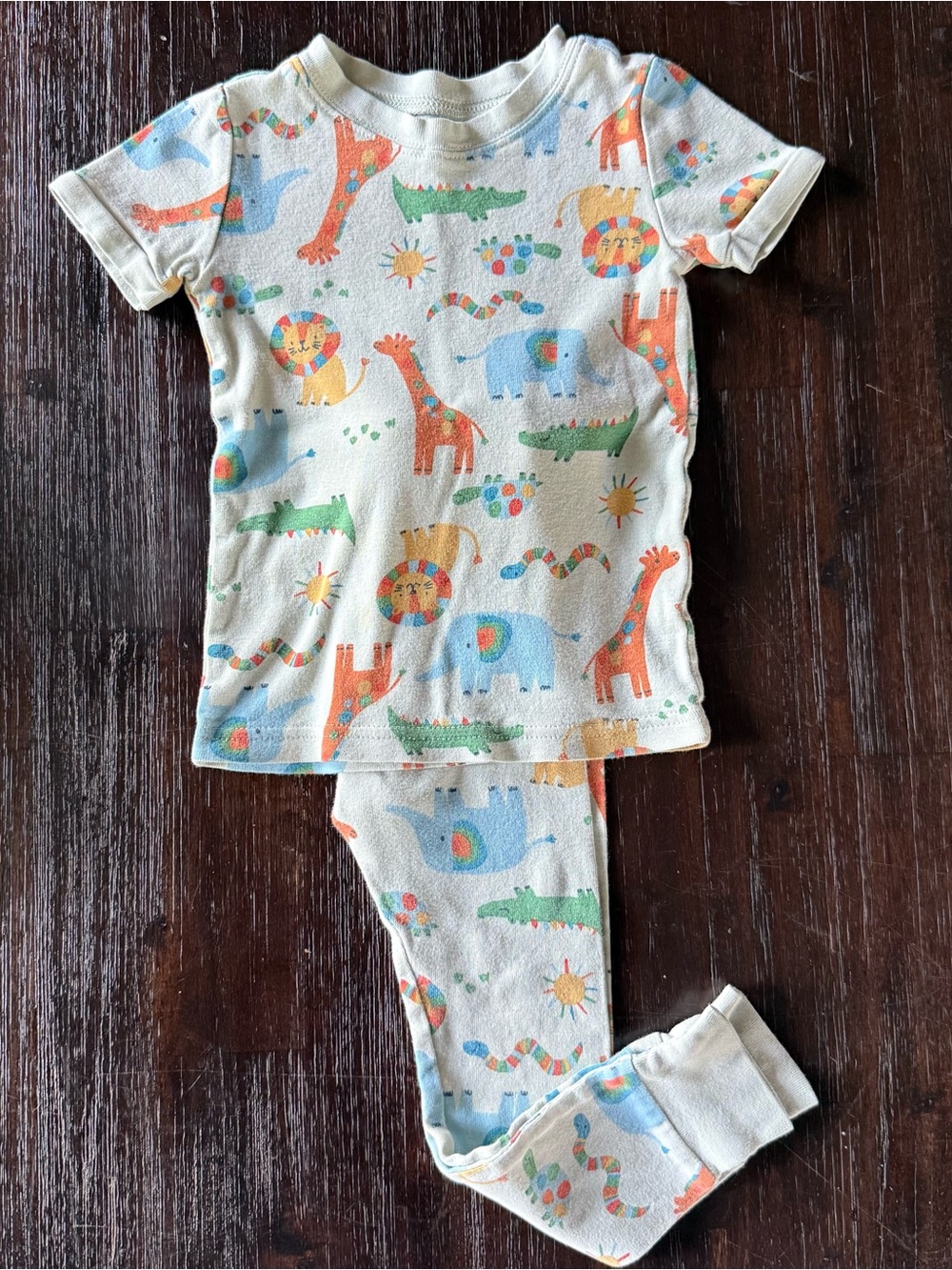 Old Navy Light Green Kids Pajama Set with Orange, Blue and Green Animal Prints